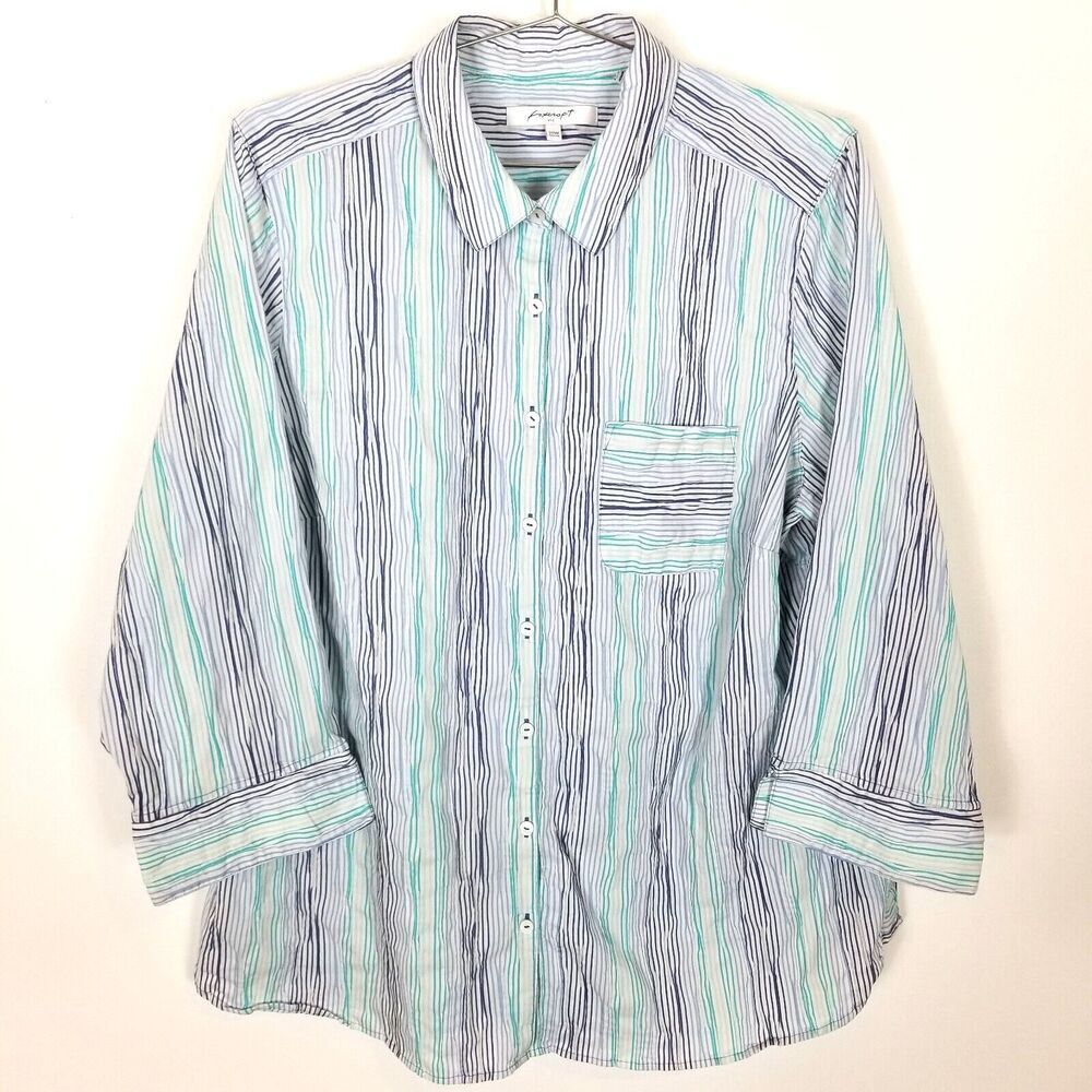 Foxcroft NYC Women Plus Striped Button Down textured Shirt Sz 20W‎ 3/4 Sleeve